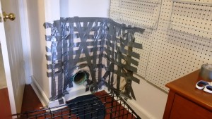 Plate 9: Repositioned cat baffle, with sufficient duct tape in place to prevent feline-induced pulldown.