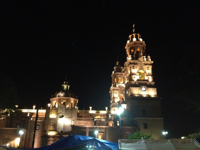 Morelia's cathedral by night.