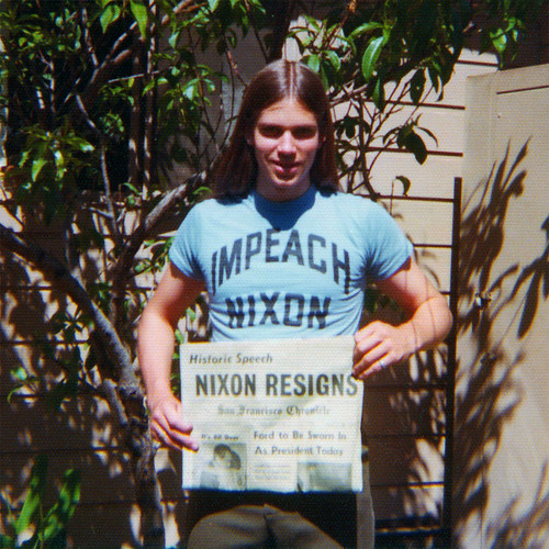 IMPEACH NIXON t-shirt & NIXON RESIGNS headline by Pip R. Lagenta money politics photo